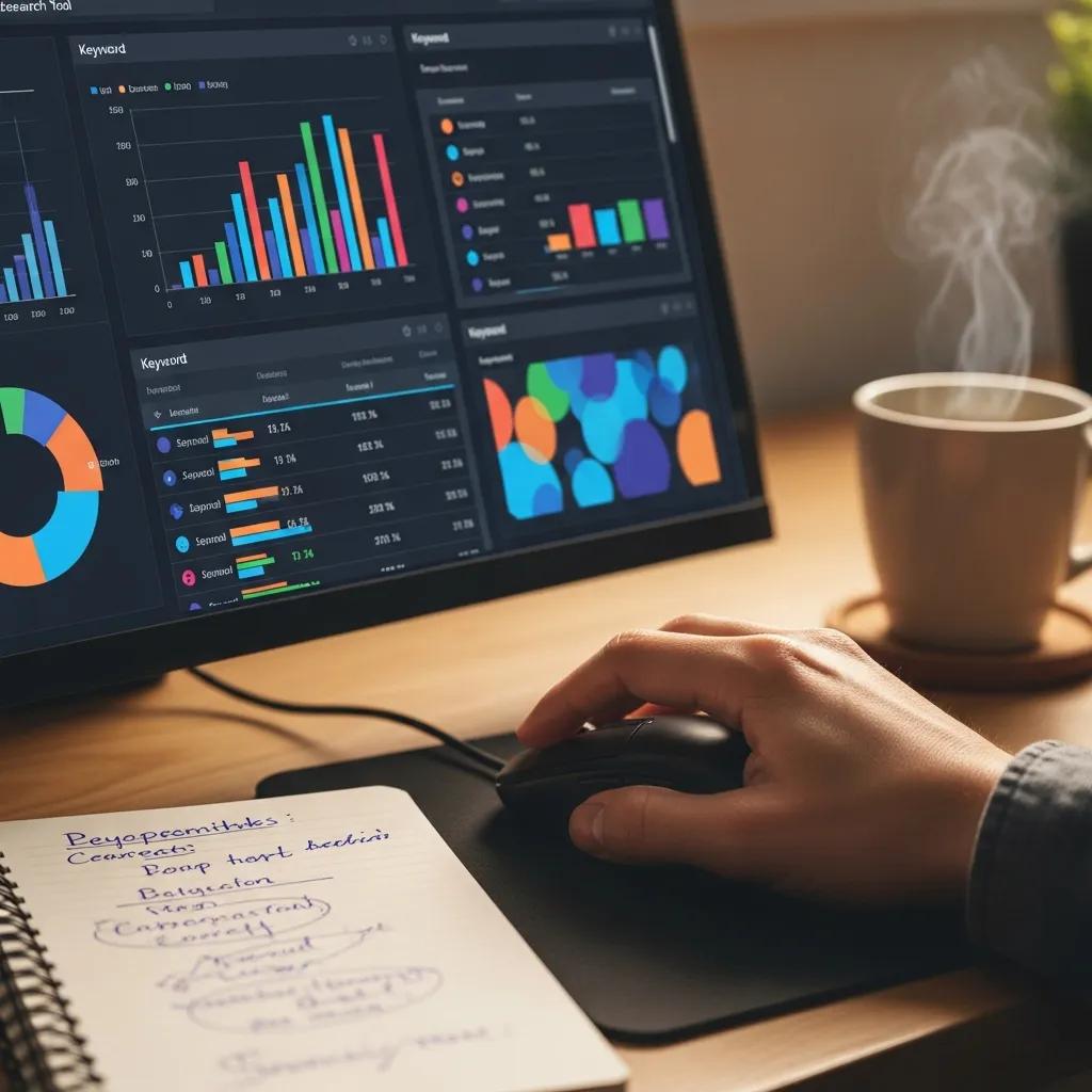 Close-up of keyword research tools on a computer screen with a notepad and coffee cup