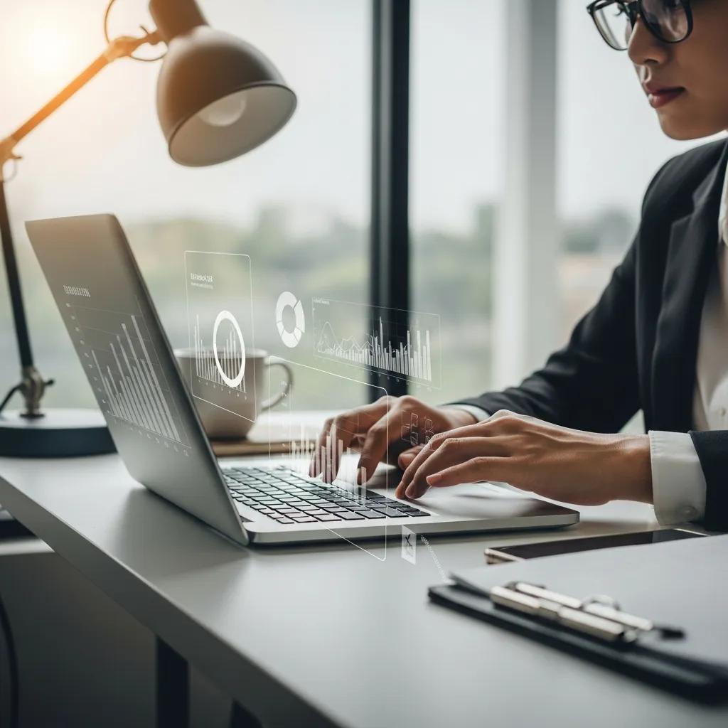 Digital marketing professional analyzing SEO data on a laptop in a modern office