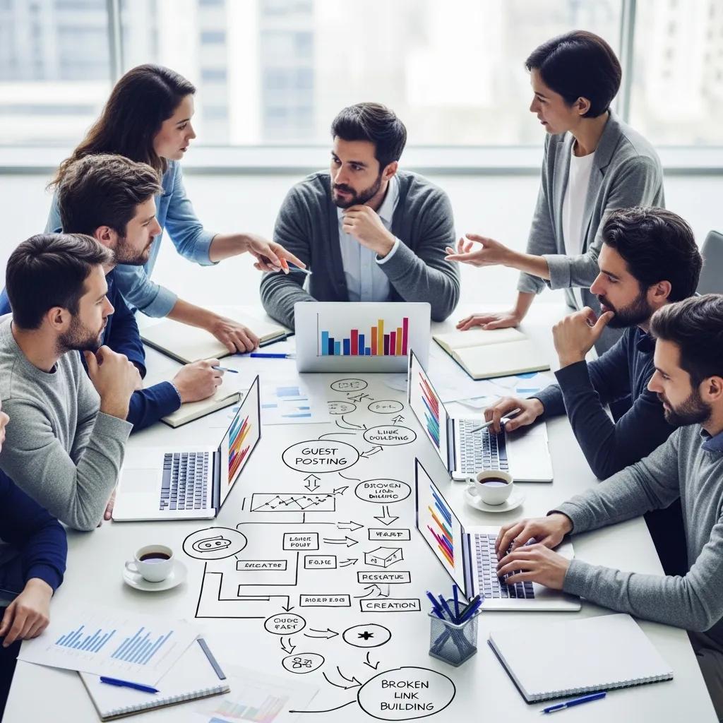 Diverse professionals collaborating on link building strategies around a table